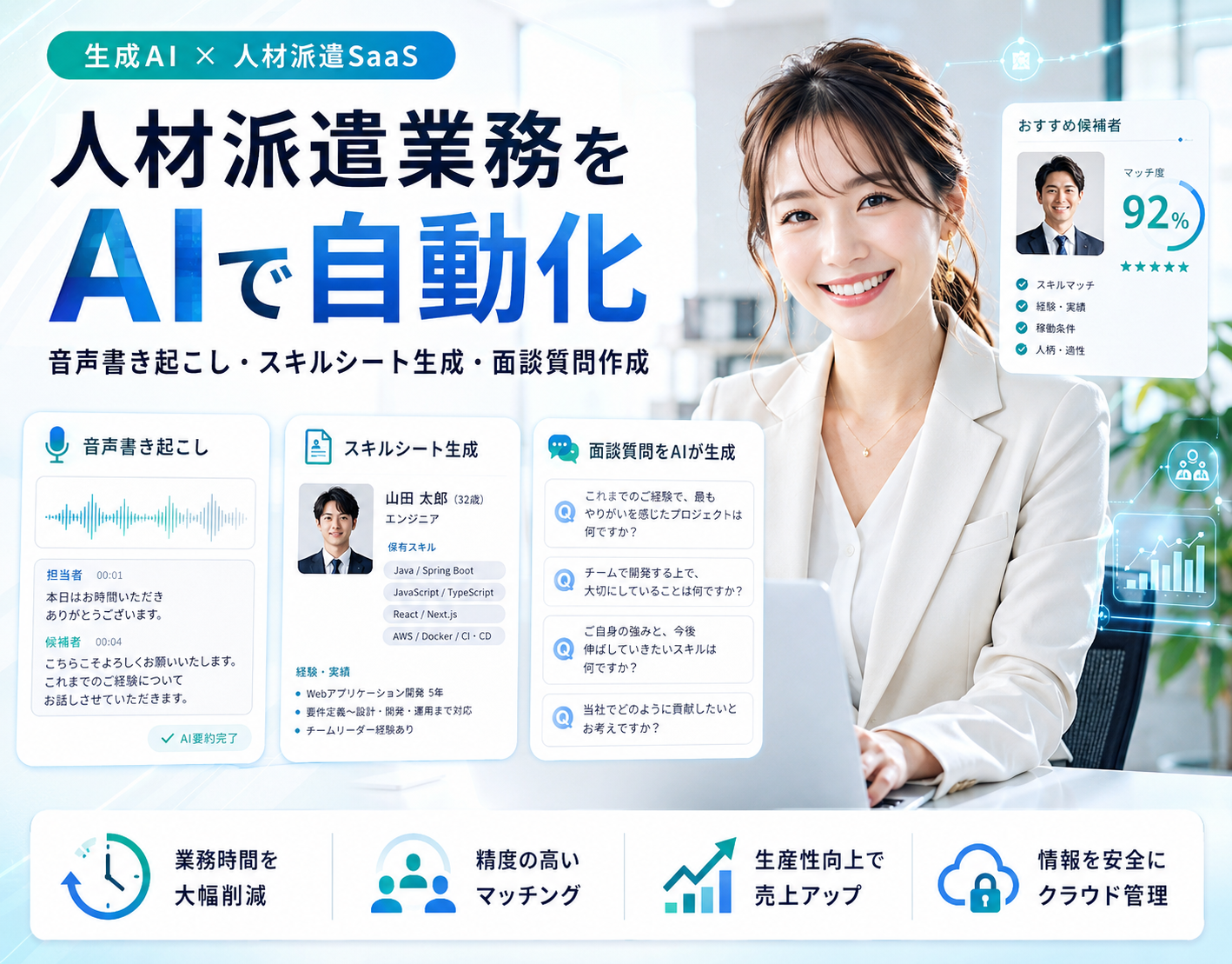 面談音声からスキルシート・推薦文を自動生成する人材派遣向けAI SaaS(1/4)